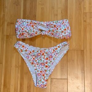 Floral Print Two-Piece Swim Set – White with Pink & Orange Flowers
